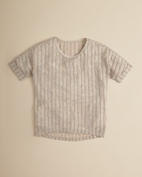 Knit metallic stripes jazz up this cuffed short sleeve top. Knit metallic stripes jazz up this cuffed short sleeve top.