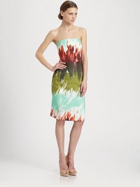 Vibrant brushstrokes printed on a strapless linen sheath, tucked and pleated at the bodice for a shapely fit.StraplessPleated bodiceStraight skirtCenter back zipperAbout 20 from natural waistLinenDry cleanPattern variesMade in USA of Italian fabricModel shown is 5'9½ (176cm) wearing US size 4. Vibrant brushstrokes printed on a strapless linen sheath, tucked and pleated at the bodice for a shapely fit.StraplessPleated bodiceStraight skirtCenter back zipperAbout 20 from natural waistLinenDry cleanPattern variesMade in USA of Italian fabricModel shown is 5'9½ (176cm) wearing US size 4.