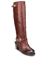 A worn-in toe, buckled straps around the ankle and top of shaft, and shiny metal hardware around the buckles: Vince Camuto's Kepner tall motorcycle boots have all the best details of the season. A worn-in toe, buckled straps around the ankle and top of shaft, and shiny metal hardware around the buckles: Vince Camuto's Kepner tall motorcycle boots have all the best details of the season.