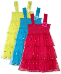Like a shining star. Make her wish come true with this dress, which has a layered sheer overlay that lets her sparkle wherever she goes. (Clearance) Like a shining star. Make her wish come true with this dress, which has a layered sheer overlay that lets her sparkle wherever she goes. (Clearance)