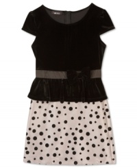 Lovely accented bow at waist dress by BCX with velvety top and dotted bottom. Lovely accented bow at waist dress by BCX with velvety top and dotted bottom.