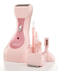 Head-to-toe attention-take charge of everywhere hair grows from legs to underarms to your bikini area and beyond with this full-featured grooming kit. With wet or dry convenience, this shaver goes where you do and includes everything you need to avoid hairy situations, like a shaver head with trimmer, bikini trimming blade, eyebrow trimmer, extra oils and a cleaning brush. 2-year warranty. Model LTGS40PCS. Head-to-toe attention-take charge of everywhere hair grows from legs to underarms to your bikini area and beyond with this full-featured grooming kit. With wet or dry convenience, this shaver goes where you do and includes everything you need to avoid hairy situations, like a shaver head with trimmer, bikini trimming blade, eyebrow trimmer, extra oils and a cleaning brush. 2-year warranty. Model LTGS40PCS.