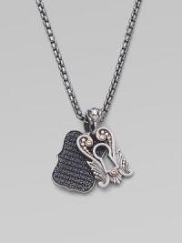 From the No Regrets Collection. Double pendants on a sterling silver box chain, one a graceful keyhole shape with goldplated rivet accents, the other a dog tag of pavé black sapphires. Black sapphire Sterling silver Rose goldplating Necklace length, about 24 Pendant length, about 1 each Lobster clasp Imported From the No Regrets Collection. Double pendants on a sterling silver box chain, one a graceful keyhole shape with goldplated rivet accents, the other a dog tag of pavé black sapphires. Black sapphire Sterling silver Rose goldplating Necklace length, about 24 Pendant length, about 1 each Lobster clasp Imported