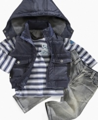 Cover all the bases to keep him comfy with this striped shirt, jeans and vest set from Calvin Klein.