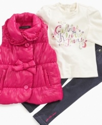 Keep her glamorous even in the cold with this girlie shirt, jegging and bubble vest 3-piece set from Calvin Klein. Keep her glamorous even in the cold with this girlie shirt, jegging and bubble vest 3-piece set from Calvin Klein.