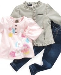 She'll be the most chic chick on the playground in this stylish faux leather jacket with coordinating top and denim pants by Calvin Klein. She'll be the most chic chick on the playground in this stylish faux leather jacket with coordinating top and denim pants by Calvin Klein.