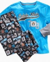 For the player who sleeps and dreams his sport, this Calvin Klein pajama set is the perfect uniform. For the player who sleeps and dreams his sport, this Calvin Klein pajama set is the perfect uniform.