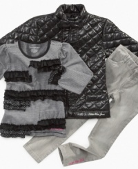 She'll be ready in a jiffy with this versatile 3 piece trendy jacket, fashionable shirt, and denim leggings set by Calvin Klein. She'll be ready in a jiffy with this versatile 3 piece trendy jacket, fashionable shirt, and denim leggings set by Calvin Klein.