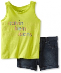 Calvin Klein Girls 2-6X Tee With Denim Short, Green, 6 Calvin Klein Girls 2-6X Tee With Denim Short, Green, 6