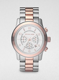 Elegant finishing and detail enhances this classic chronograph style in sleek, stainless steel and silver and rose gold tone.Chronograph movementRound bezelWater resistant to 10ATMDate display at 4 o'clock Second handStainless steel case: 45mm(1.77)Stainless steel braceletImported Elegant finishing and detail enhances this classic chronograph style in sleek, stainless steel and silver and rose gold tone.Chronograph movementRound bezelWater resistant to 10ATMDate display at 4 o'clock Second handStainless steel case: 45mm(1.77)Stainless steel braceletImported