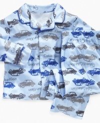 Beep beep. He'll have a ticket to ride off to sleep in the sweet style of this coat and pants set from Calvin Klein. Beep beep. He'll have a ticket to ride off to sleep in the sweet style of this coat and pants set from Calvin Klein.