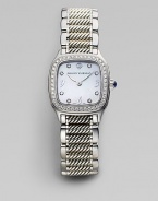 Distinctively textured links with smooth edges are thoroughly modern and thoroughly elegant in a bracelet watch of stainless steel and sterling silver with a shimmering diamond bezel. Swiss quartz movement Rounded square case, 25mm Diamond-set bezel White mother-of-pearl dial Eight diamond hour markers Scratch-resistant sapphire crystalStainless steel and sterling silver cable link bracelet, 16mm Diamonds, 0.54 tcw Water-resistant to three ATM Imported