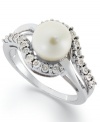 Designed to delight. This unique ring highlights a cultured freshwater pearl surrounded by diamond accents. Set in sterling silver. Size 7.