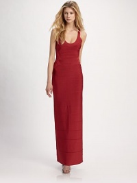 Leger's signature body-hugging knit, in a gorgeous column silhouette.U neckline Strappy racerback Back zipper About 46 from natural waist 90% rayon/9% nylon/1% spandex Dry clean Imported Leger's signature body-hugging knit, in a gorgeous column silhouette.U neckline Strappy racerback Back zipper About 46 from natural waist 90% rayon/9% nylon/1% spandex Dry clean Imported