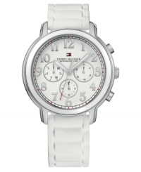 Classic styling and a fresh feminine white make this Tommy Hilfiger watch perfect for any occasion. White rubber strap. Silvertone stainless steel round case and round white dial with thee subdials, logo and numeral indices. Quartz movement. Water resistant to 50 meters. Ten-year limited warranty. Classic styling and a fresh feminine white make this Tommy Hilfiger watch perfect for any occasion. White rubber strap. Silvertone stainless steel round case and round white dial with thee subdials, logo and numeral indices. Quartz movement. Water resistant to 50 meters. Ten-year limited warranty.