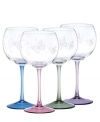 Etched with butterflies and blooms, this set of Butterfly Meadow balloon drinking glasses gives everyday meals a whimsical lift. With tinted blue, purple, green or pink stems for a splash of color.