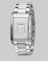 A sleek design with a mastery of the everyday in stainless steel with a curved bracelet. Rectangle bezel Quartz movement Water resistant to 5 ATM Second hand Stainless steel case: 31mm (1.22) Stainless steel bracelet: 23mm (0.90) Deployment clasp Imported 