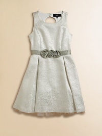 Crafted in a stunning jacquard pattern, this precious frock features a full, pleated skirt, back cutout and striped waist with rosettes for a pretty little princess ensemble.ScoopneckSleevelessBack cutout with buttonsConcealed back zipperBanded waist with rosettesPleated skirtFull petticoatCotton/Polyester/Metallic threadsHand washImported Please note: Number of buttons may vary based on size ordered. Crafted in a stunning jacquard pattern, this precious frock features a full, pleated skirt, back cutout and striped waist with rosettes for a pretty little princess ensemble.ScoopneckSleevelessBack cutout with buttonsConcealed back zipperBanded waist with rosettesPleated skirtFull petticoatCotton/Polyester/Metallic threadsHand washImported Please note: Number of buttons may vary based on size ordered.