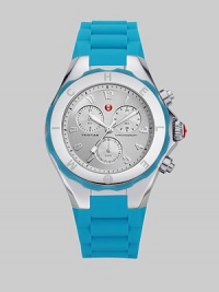 From the Tahitian Jelly Bean Collection. A fun and colorful design with technical appeal. Quartz movementWater resistant to 5 ATMRound stainless steel case, 40mm (1.6)Logo etched bezelSilver chronograph dialNumeric hour markersSecond hand Blue silicone strapImported From the Tahitian Jelly Bean Collection. A fun and colorful design with technical appeal. Quartz movementWater resistant to 5 ATMRound stainless steel case, 40mm (1.6)Logo etched bezelSilver chronograph dialNumeric hour markersSecond hand Blue silicone strapImported