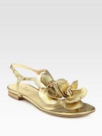 Bud-bedecked metallic leather thong with an adjustable ankle strap and comfortable padded insole. Metallic leather upperLeather lining and solePadded insoleImportedOUR FIT MODEL RECOMMENDS ordering one half size down as this style runs large. Bud-bedecked metallic leather thong with an adjustable ankle strap and comfortable padded insole. Metallic leather upperLeather lining and solePadded insoleImportedOUR FIT MODEL RECOMMENDS ordering one half size down as this style runs large.