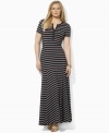A warm-weather essential, Lauren by Ralph Lauren's chic striped plus size maxi dress is crafted with short sleeves and a buttoned placket.