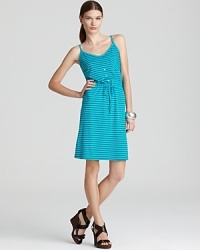 Flaunt a vivid silhouette in this striped Three Dots dress, accented with a drawstring waist for a feminine finish. Flaunt a vivid silhouette in this striped Three Dots dress, accented with a drawstring waist for a feminine finish.