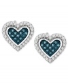 An unexpected splash of color adorns this romantic design. Crafted in sterling silver, these stud earrings  feature blue diamond accents in a heart shape with single-cut white diamonds lining the edges (1/4 ct. t.w.). Approximate diameter: 1/3 inch.