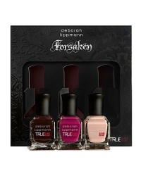 Completing the Forsaken series is Bad Things, a trio of mini nail lacquers. Bad Blood, a translucent black cherry, was inspired by the ever-so-sultry Pam. Strange Love, a vampy magenta, captures the character of the red-headed Jessica. No set would be complete without a Sookie-inspired shade, a bare nude called New Flesh. Completing the Forsaken series is Bad Things, a trio of mini nail lacquers. Bad Blood, a translucent black cherry, was inspired by the ever-so-sultry Pam. Strange Love, a vampy magenta, captures the character of the red-headed Jessica. No set would be complete without a Sookie-inspired shade, a bare nude called New Flesh.