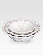 Bring the outdoors inside with a beautifully detailed, hand-finished stoneware nesting bowl set detailed with lattice to celebrate the splendor and romance of the world's most beautiful gardens. From the Jardins du Monde CollectionSet of 34, 5, 6 highCeramic stonewareDishwasher safeImported