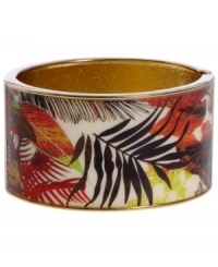 Infuse your look with the bold colors and exotic prints of Brasil. Crafted in gold tone mixed metal Haskell's Palm bangle features brown, red and green palm leaf details and a hinge clasp. Approximate diameter: 2-1/2 inches. Approximate length: 8 inches. Item comes packaged in an orange gift box. Infuse your look with the bold colors and exotic prints of Brasil. Crafted in gold tone mixed metal Haskell's Palm bangle features brown, red and green palm leaf details and a hinge clasp. Approximate diameter: 2-1/2 inches. Approximate length: 8 inches. Item comes packaged in an orange gift box.