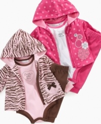 Sporty and fun. Great looking 3 piece fashionable set includes print pattern hoodie, bodysuit with contrast trim, and solid elastic waist pants. Sporty and fun. Great looking 3 piece fashionable set includes print pattern hoodie, bodysuit with contrast trim, and solid elastic waist pants.