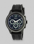 In black IP and stainless steel with a black rubber strap, this bold timepiece mixes sporty and stylish with ease.Quartz movementWater resistant to 10 ATMRound black IP and stainless steel case, 45mm (1.8)Smooth black IP bezelBlack dialThree chronograph sub-dialsBar markersSecond handBlack rubber strapImported