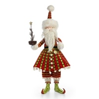 Dressed in festive red and green clothing, this whimsical Santa from Patience Brewster holds a star-topped tree resting in a bird's nest. Dressed in festive red and green clothing, this whimsical Santa from Patience Brewster holds a star-topped tree resting in a bird's nest.