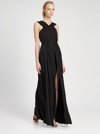 Fluid, artfully ruched silk, in a sexy, floor-length silhouette.V necklineSleevelessRuched bodiceBanded waistFront slitV back with concealed zipAbout 47 from natural waistSilkDry cleanImportedModel shown is 5'10 (177cm) wearing US size 4. Fluid, artfully ruched silk, in a sexy, floor-length silhouette.V necklineSleevelessRuched bodiceBanded waistFront slitV back with concealed zipAbout 47 from natural waistSilkDry cleanImportedModel shown is 5'10 (177cm) wearing US size 4.