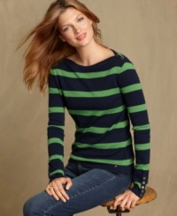 Get cozy with Tommy Hilfiger's cotton striped top. It's the perfect layering piece to transition to fall! Get cozy with Tommy Hilfiger's cotton striped top. It's the perfect layering piece to transition to fall!