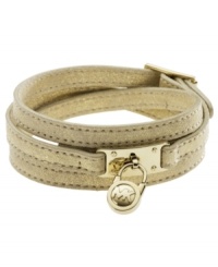 Three's the magic number with this chic bracelet from Michael Kors. Crafted from triple-wrapped gold metallic leather with a padlock-inspired, gold tone brass accent. Approximate length: 25 inches. Three's the magic number with this chic bracelet from Michael Kors. Crafted from triple-wrapped gold metallic leather with a padlock-inspired, gold tone brass accent. Approximate length: 25 inches.