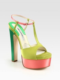 Colorblocked satin t-strap design with an adjustable ankle strap and sky-high heel. Self-covered heel, 5½ (140mm)Covered platform, 2 (50mm)Compares to a 3½ heel (90mm)Satin upperLeather lining and solePadded insoleMade in ItalyOUR FIT MODEL RECOMMENDS ordering one half size up as this style runs small. Colorblocked satin t-strap design with an adjustable ankle strap and sky-high heel. Self-covered heel, 5½ (140mm)Covered platform, 2 (50mm)Compares to a 3½ heel (90mm)Satin upperLeather lining and solePadded insoleMade in ItalyOUR FIT MODEL RECOMMENDS ordering one half size up as this style runs small.