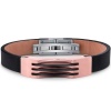 Mens Stainless Steel and Leather Bracelet with Rose Gold and Black Triple Stripe Accents