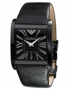 A modern classic in pitch black tones, by Emporio Armani. Watch crafted of smooth black leather strap and square black ion-plated stainless steel case. Black dial with silver tone Roman numerals, two hands, inner minute track and logo at twelve o'clock. Quartz movement. Water resistant to 30 meters. Two-year limited warranty.