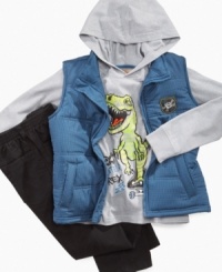 Encourage a look that roars in, this dinosaur hoodie, vest and pants set from Kids Headquarters is a monster style. Encourage a look that roars in, this dinosaur hoodie, vest and pants set from Kids Headquarters is a monster style.