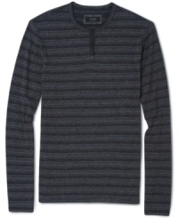 Relax wearing this tonal horizontal henley pullover shirt by Guess Jeans. Goes great with jeans or cords. Relax wearing this tonal horizontal henley pullover shirt by Guess Jeans. Goes great with jeans or cords.