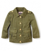 Juicy Couture offers up the softer side of the army look. The military jacket has 3/4 sleeves, rounded collar and pockets and logo buttons along the front.
