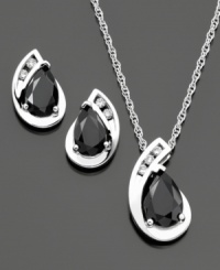 Deep black pear-cut onyx (5-9 mm) is a dramatic contrast to the shining sterling silver and glistening round-cut diamonds (1/8 ct. t.w.) on this beautiful necklace & earring set. Necklace measures approximately 18 inches long with a 3/4-inch drop.