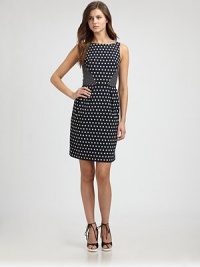 This chic dotted sheath owes it's ultra-flattering silhouette to contrasting panels at the waist.BoatneckSleevelessPanel constructionSkirt pleatsConcealed back zipFully linedAbout 23 from natural waist65% cotton/35% polyesterDry cleanImportedModel shown is 5'11 (180cm) wearing US size 4. This chic dotted sheath owes it's ultra-flattering silhouette to contrasting panels at the waist.BoatneckSleevelessPanel constructionSkirt pleatsConcealed back zipFully linedAbout 23 from natural waist65% cotton/35% polyesterDry cleanImportedModel shown is 5'11 (180cm) wearing US size 4.