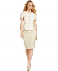 Feminine touches, like a beautiful lace detail and peplum jacket hem, give this skirt suit from Tahari by ASL a romantic feel. Feminine touches, like a beautiful lace detail and peplum jacket hem, give this skirt suit from Tahari by ASL a romantic feel.