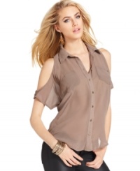 A sheer blouse gets a stylish update with split sleeves and a slouchy fit, from GUESS?. Makes an amazing outfit with skinny pants and open-toe booties. A sheer blouse gets a stylish update with split sleeves and a slouchy fit, from GUESS?. Makes an amazing outfit with skinny pants and open-toe booties.