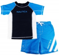Nautica Boys sizes 4-7 Navy Blue Print Rash Guard Swim Top with Shorts 2 Pc Set Nautica Boys sizes 4-7 Navy Blue Print Rash Guard Swim Top with Shorts 2 Pc Set