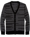 This contemporary striped cardigan by Sean John will have you looking sharp this season.