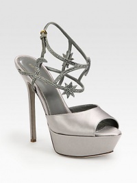 EXCLUSIVELY AT SAKS. Light-catching Swarovski crystals add sparkle to this towering silhouette, pairing luxe satin with buttery suede. Self-covered heel, 5½ (140mm)Covered platform, 1½ (40mm)Compares to a 4 heel (100mm)Satin and suede upperSuede adjustable ankle strapLeather lining and solePadded insoleMade in Italy EXCLUSIVELY AT SAKS. Light-catching Swarovski crystals add sparkle to this towering silhouette, pairing luxe satin with buttery suede. Self-covered heel, 5½ (140mm)Covered platform, 1½ (40mm)Compares to a 4 heel (100mm)Satin and suede upperSuede adjustable ankle strapLeather lining and solePadded insoleMade in Italy