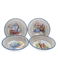 Fresh catch. See your food in a nautical setting with the vivid illustrations and wooden pier motif of Seafood Market bowls. Sculpted blue rope adds to their oceanside charm. Fresh catch. See your food in a nautical setting with the vivid illustrations and wooden pier motif of Seafood Market bowls. Sculpted blue rope adds to their oceanside charm.